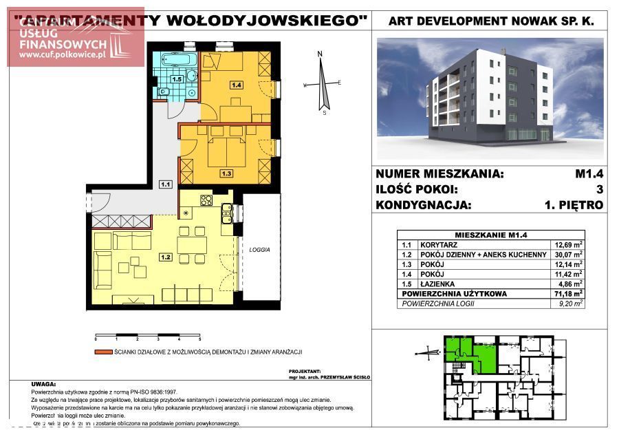 Deweloperskie- 71,18 m2-3 pok. Wołodyjowskiego, P