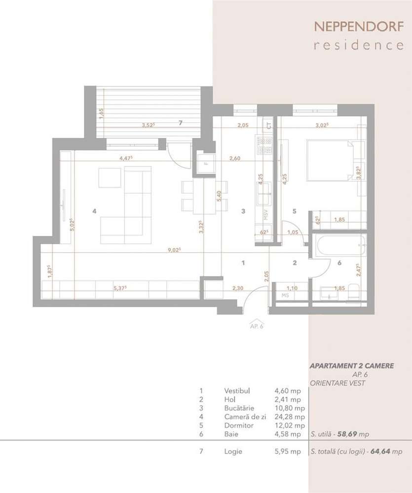 Ap 2 camere + balcon, 58 mpu, ansamblu. nou, bloc cu lift,  cls. A - Imagine principală: 3/9
