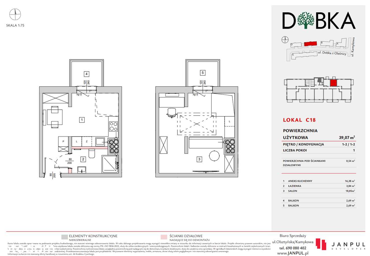DOBKA C18 - ekonomiczne ze Smart Home, 39,07 m2, 1 pok, z balkonem - Pełny obrazek: 1/8