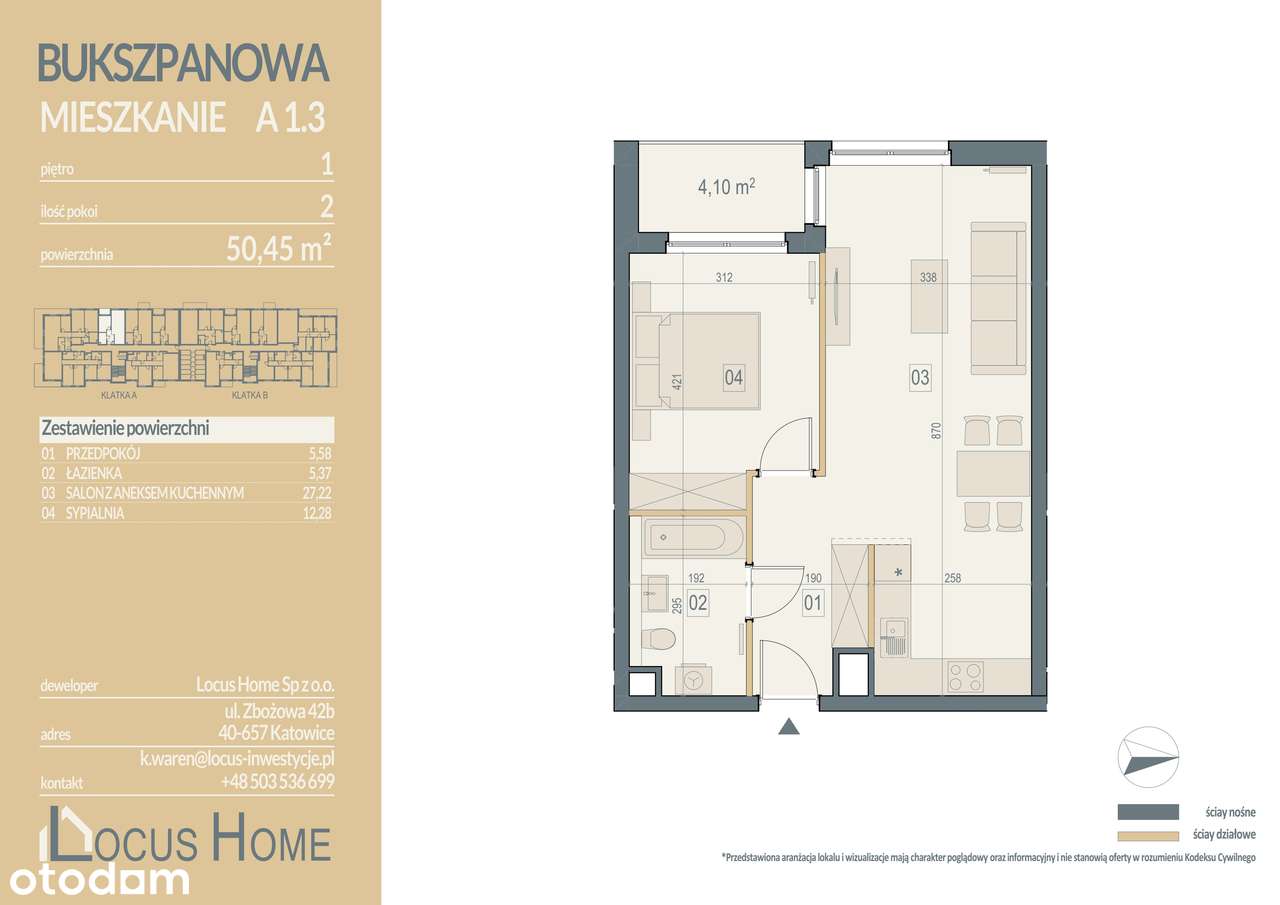 2-pokojowe mieszkanie 50m2 + loggia - Pełny obrazek: 2/7
