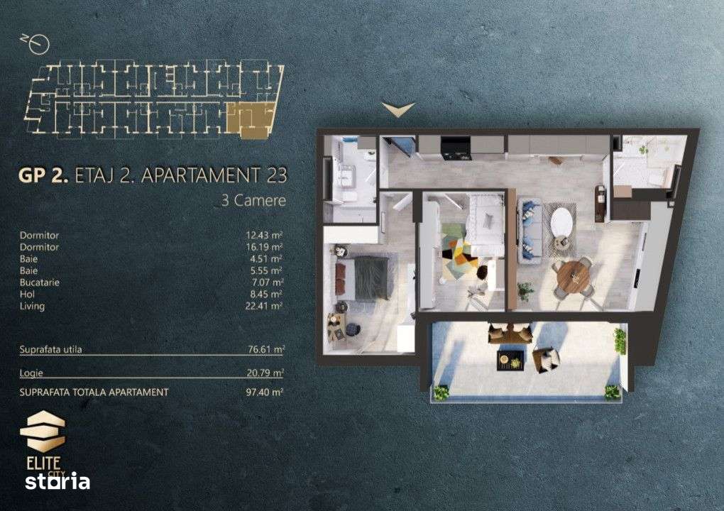 PRET DE CONSTRUCTOR! 3 camere, 77mp, terasa 20mp, Elite City-0