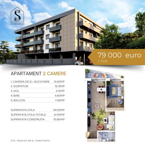 Apartament 2 camere, Terasa spatioasa, Bloc nou, Tomis nord , Odessa 6-1