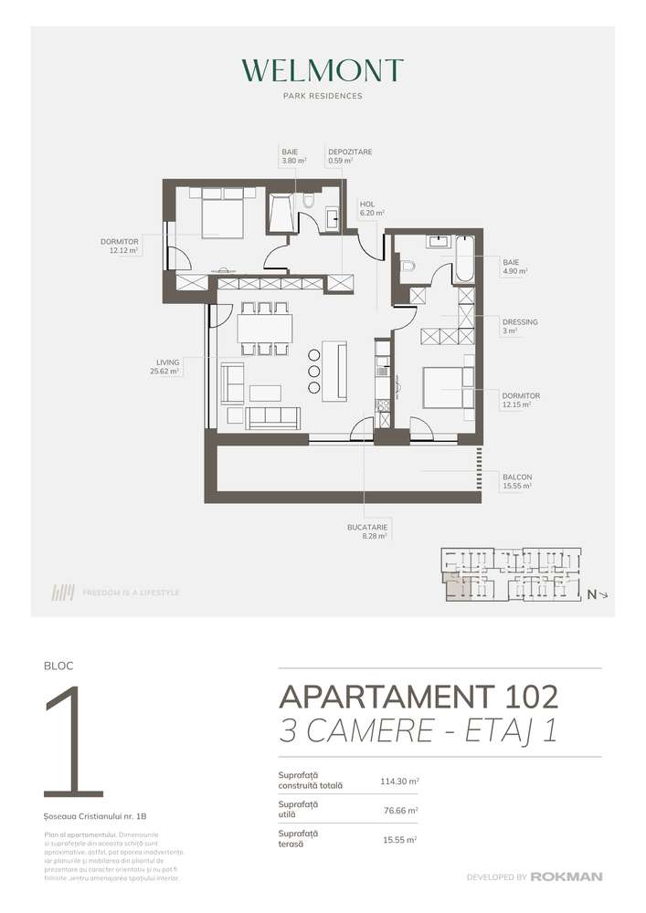 Dezvoltator Apartament trei camere Welmont/Rokman - Imagine principală: 5/12