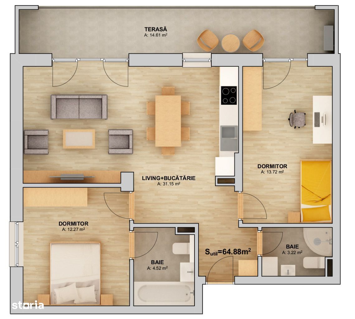 Ap. 3 camere posibilitate decomandat complet 65 mp de la 101000 euro