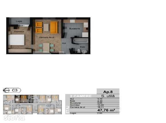 Apartament 2 camere decomandat, 47.76 mp, zona Terra