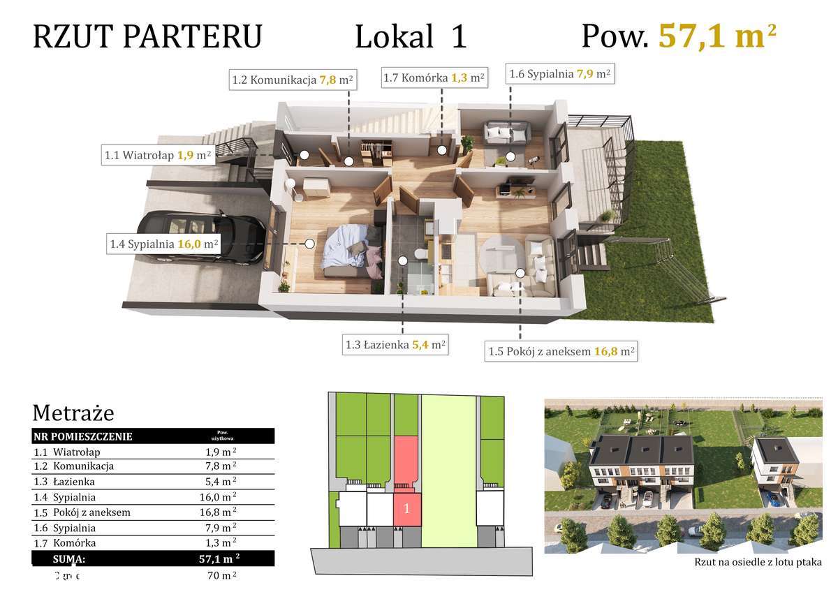 3-pokojowe mieszkanie 57,1m2 wraz z garażem i ogródkiem 70m2 W CENIE-3