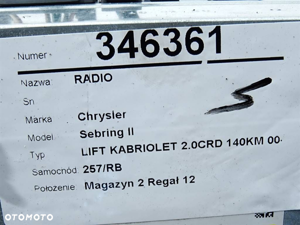 RADIO CHRYSLER SEBRING kabriolet (JS) 2007 - 2010 2.0 CRD 103 kW [140 KM] olej napędowy 2007 - 2010 - 7