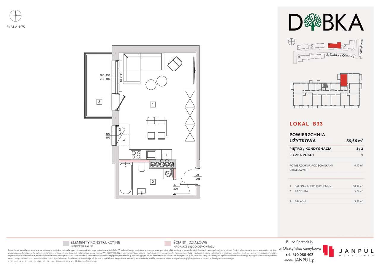 DOBKA B33 - ekonomiczne ze Smart Home, 36,56 m2, 1 pok, z balkonem - Pełny obrazek: 1/7