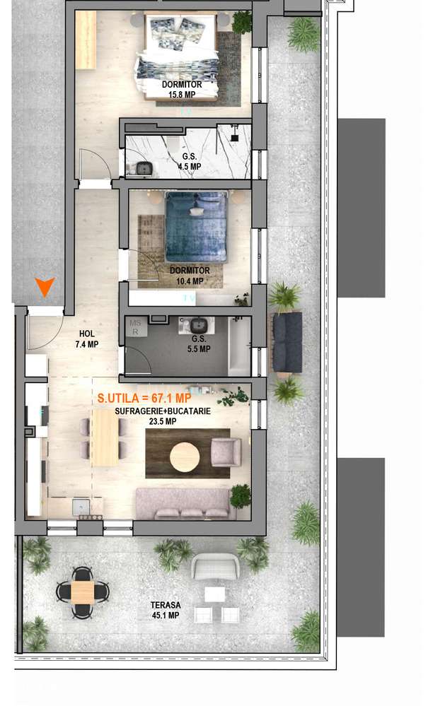 Apartament cu 3 camere tip Penthouse, finisat, incalzire in pardoseala - Imagine principală: 2/10