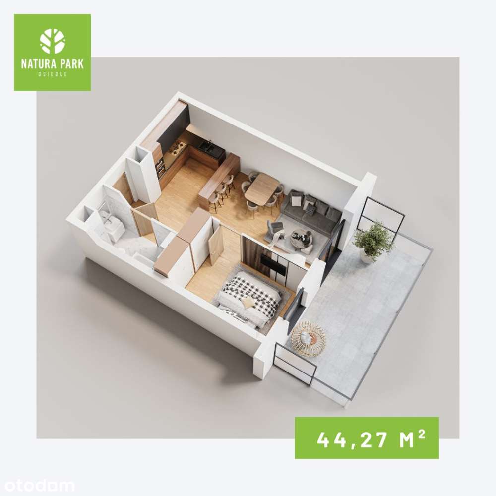 Mieszkanie 2-pokojowe - 44,27m2 |Duży taras |Zieleń |Natura Park - Pełny obrazek: 2/7