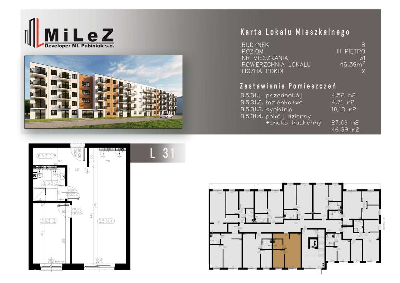 Mieszkanie 2 pokoje o pow. 46,39 m2 - Pełny obrazek: 1/6