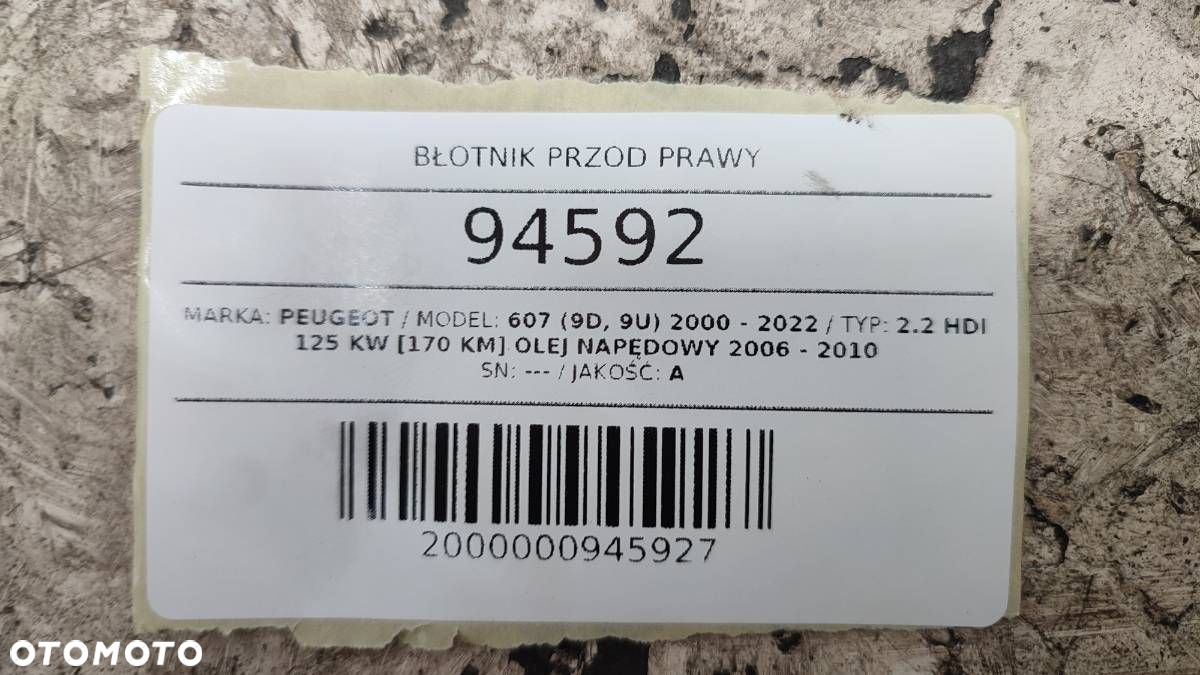 BŁOTNIK PRZÓD PRAWY PEUGEOT 607 EU - 9