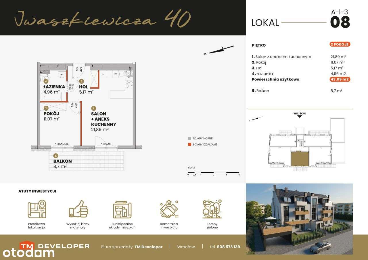A-1-3 43,09 m2,projekt w cenie !  rolety elektr., inst. pod klimatyz. - Pełny obrazek: 2/7