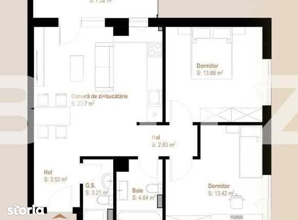 Apartament 3 camere, 65,20 mp, balcon, zona Vivo