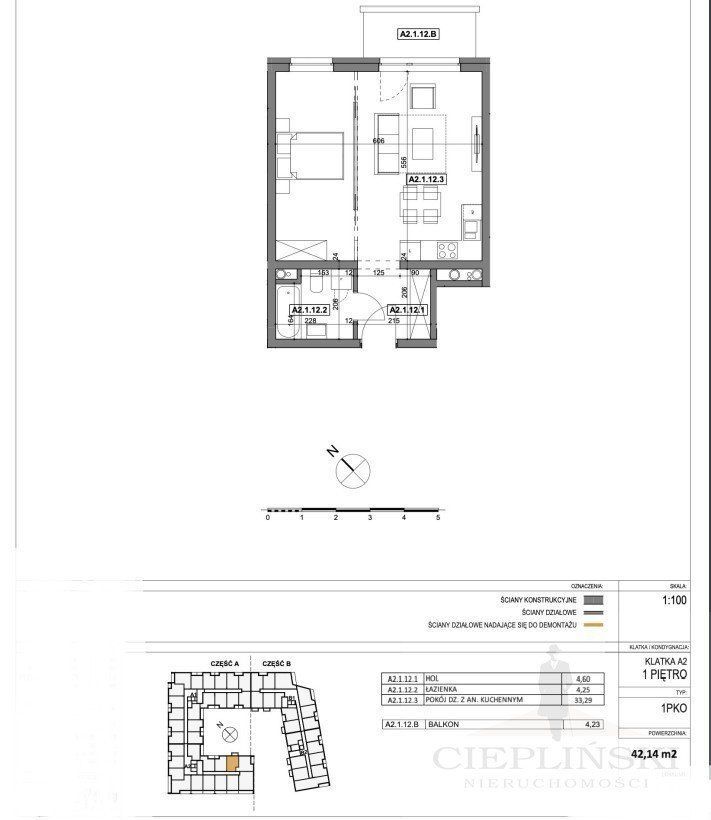 Mieszkanie, 42,14 m², Szczecin