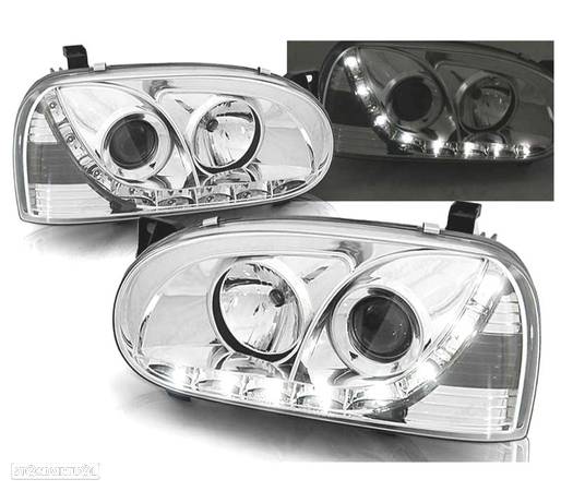 FARÓIS COM LUZ DIURNA LED PARA VOLKSWAGEN VW GOLF 3 MKIII 91-97 FUNDO CROMADO - 1