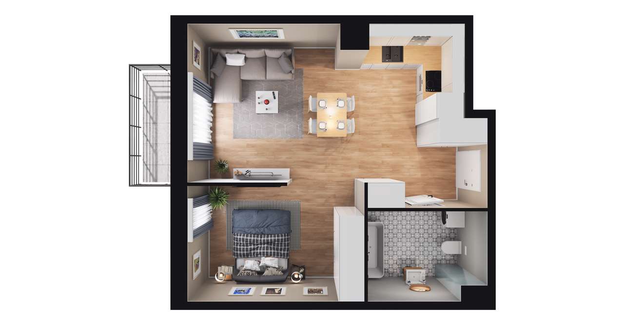 1-pokojowy apartament inwestycyjny 41m2 + balkon - Pełny obrazek: 2/8