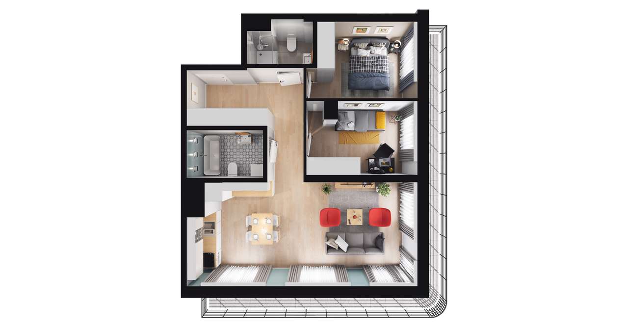 3-pokojowe mieszkanie 60m2 + taras Bezpośrednio - Pełny obrazek: 2/8