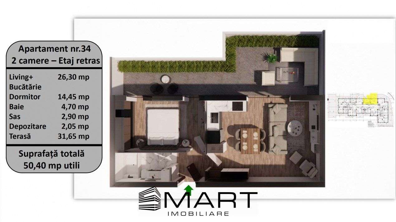 Penthouse 2 camere, 50mp utili + 33mp terasa, zona Tractorul - Imagine principală: 2/4
