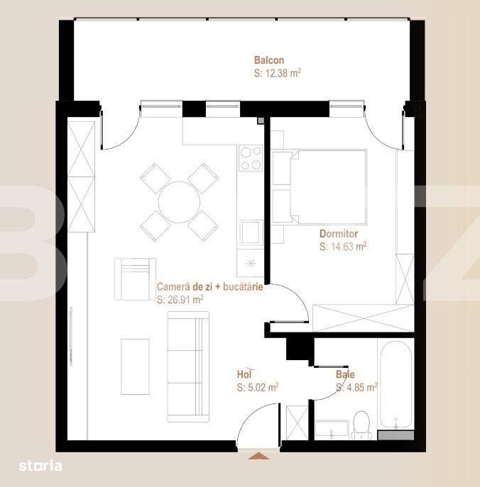 Apartament 2 camere, 51,41 mp + balcon 12,38 mp, zona Vivo