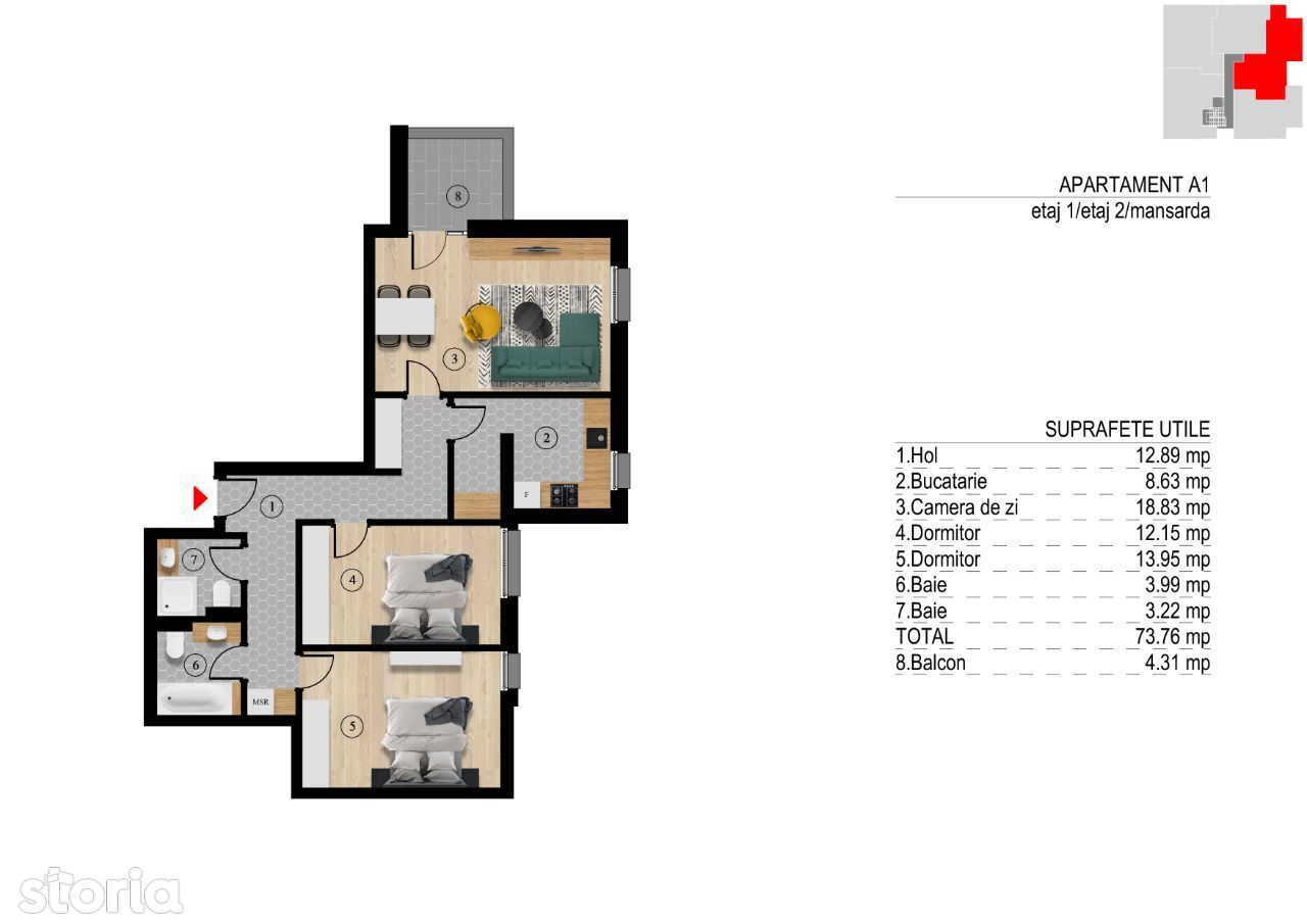 Apartament 3 camere,Otopeni- Ilfov/Balcon/decomandat