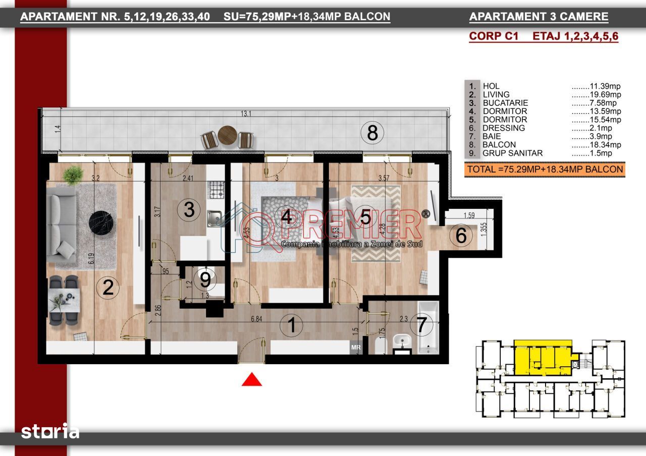 Metrou Berceni - 3 camere decomandat - 94 mp utili