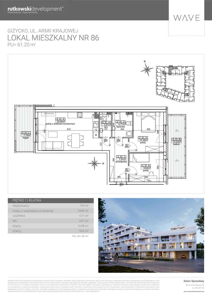 3-pokojowe mieszkanie 61m2 + balkon - Pełny obrazek: 2/7