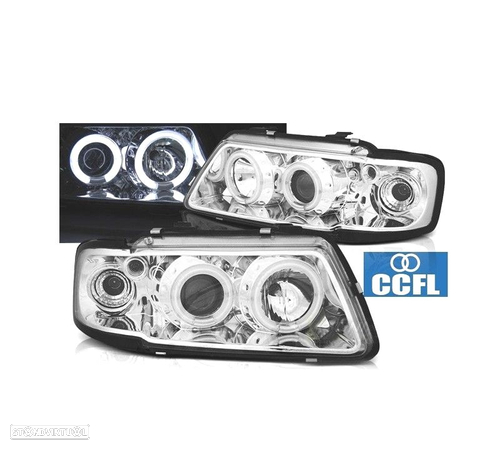 FARÓIS ANGEL EYES CCFL PARA AUDI A3 96-00 FUNDO CROMADO - 1