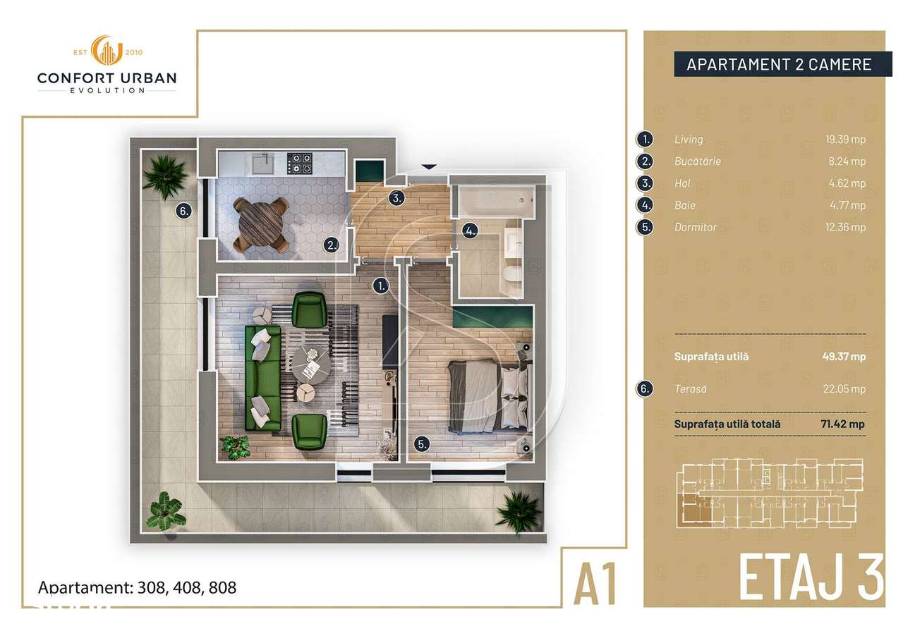Apartament cu terasa 22 mp - 2 camere, decomandat, zona Targ Pucheni - Imagine principală: 5/24