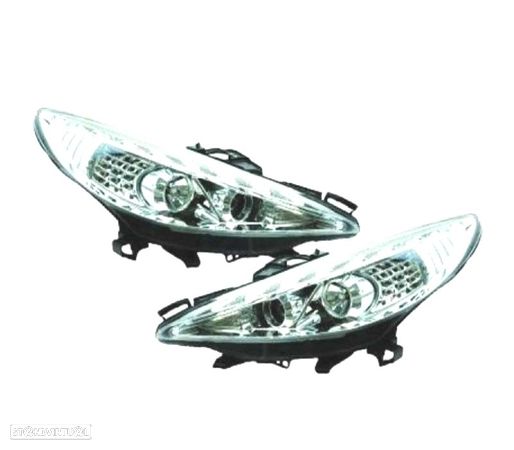 FARÓIS COM LUZ DIURNA LED PARA PEUGEOT 207 06-09 FUNDO CROMADO - 1