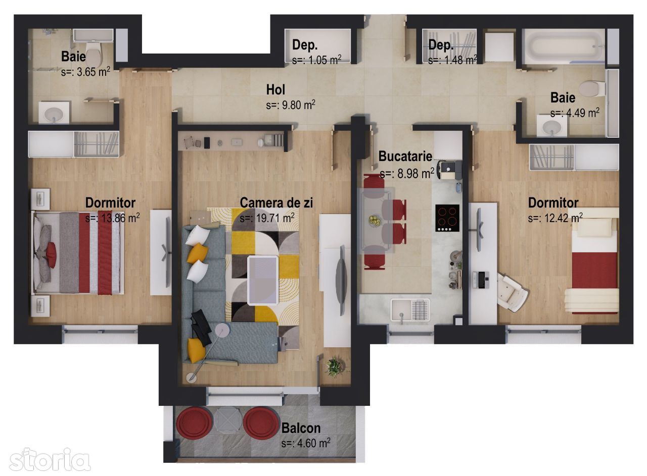 Apartament cu 3 camere Tip 2V