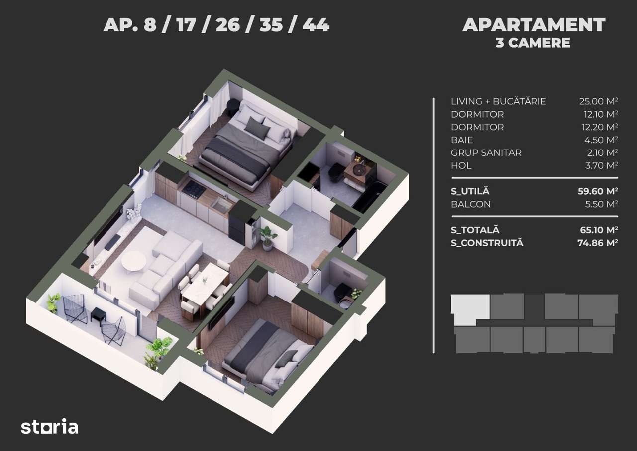 Apartament 3 camere, termen decembrie 2025 - Imagine principală: 1/7