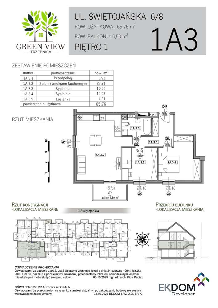 Green View || Mieszkanie 1A3 || 65,76m2 + 5,5 m2 - Pełny obrazek: 3/8