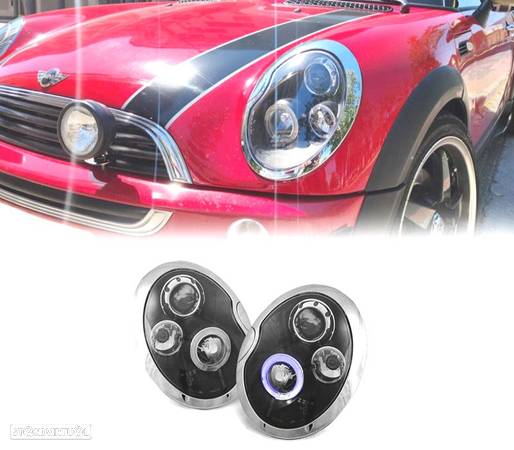 CONJUNTO DE FARÓIS PARA MINI COOPER ANGEL EYES PRETOS CROMADOS - 1