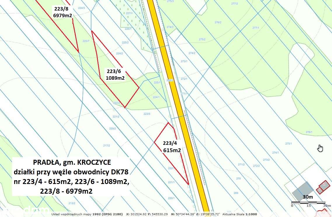 Działka drogowa 615m2 przy projektowanym wężle dr. krajowej DK78-7