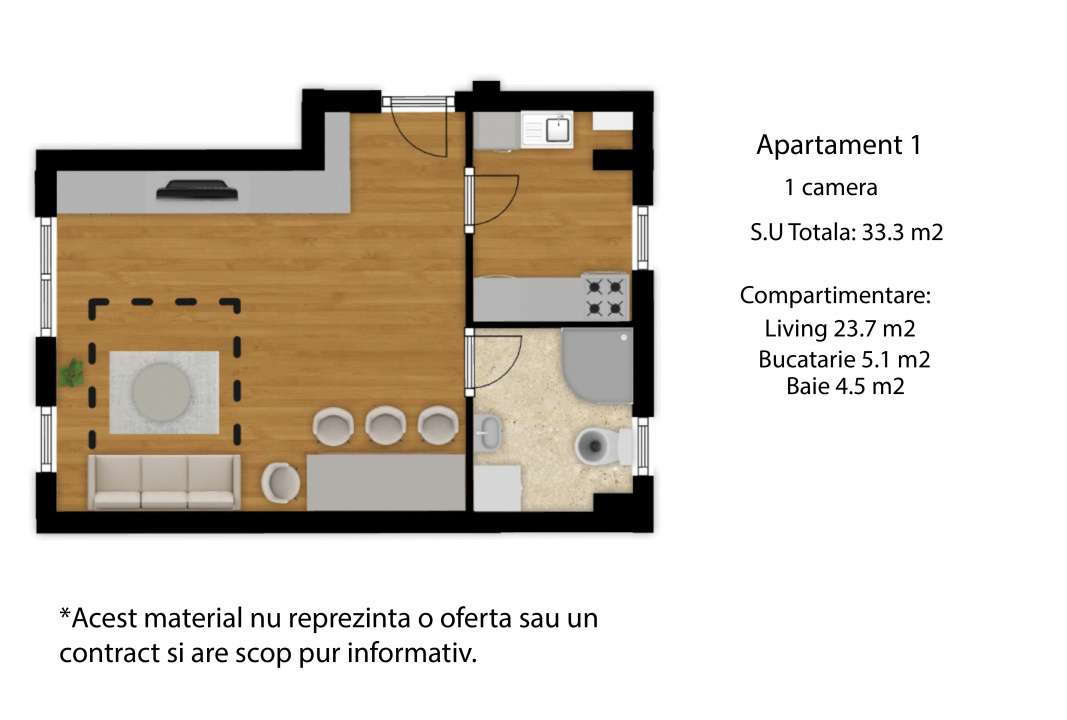 Apartament 1 camere, 33,3mp, semifinisat, zona Cetatii, Floresti - Imagine principală: 2/5