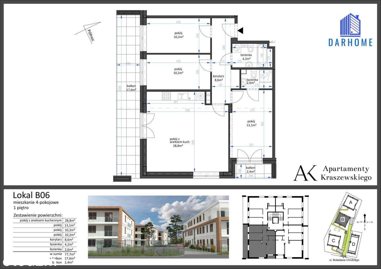 4-pokojowe mieszkanie 77m2 + 2 balkony - Pełny obrazek: 2/9