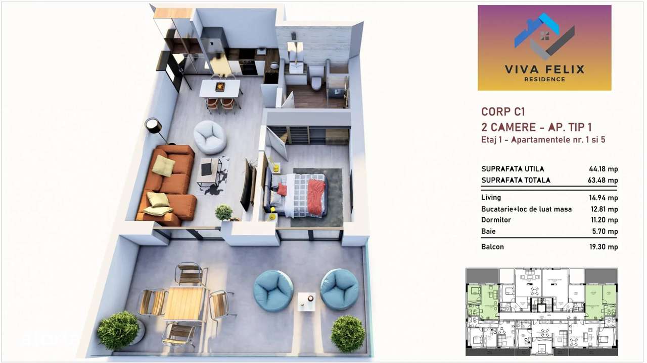 Apartament, 44 m²,  - Imagine principală: 5/5
