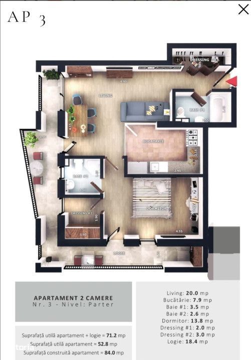Apartament cu 2 camere 52,8 mp si balcon de 18,4mp, zona Vivo