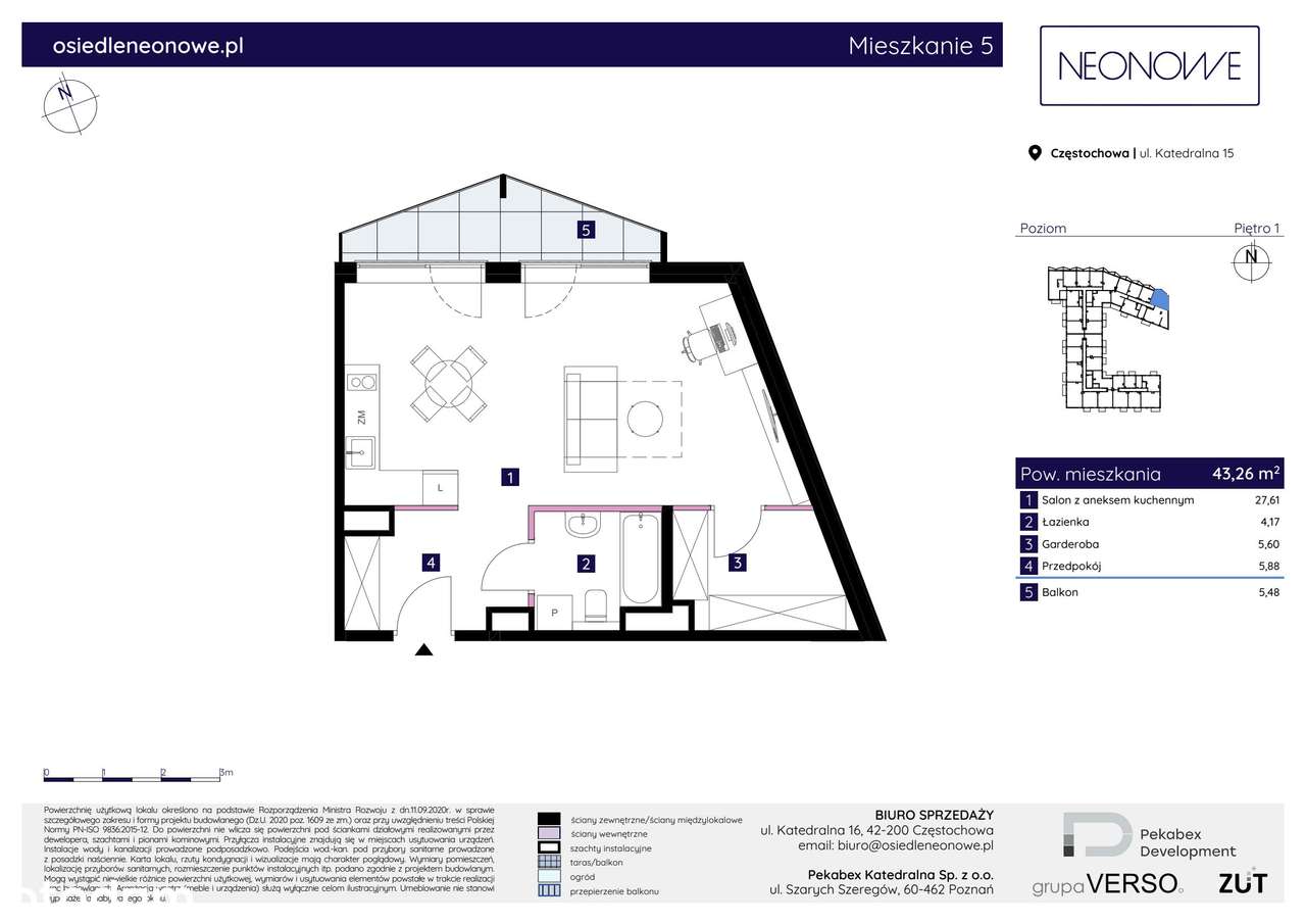 1-pokojowe mieszkanie 43m2 + balkon - Pełny obrazek: 2/7