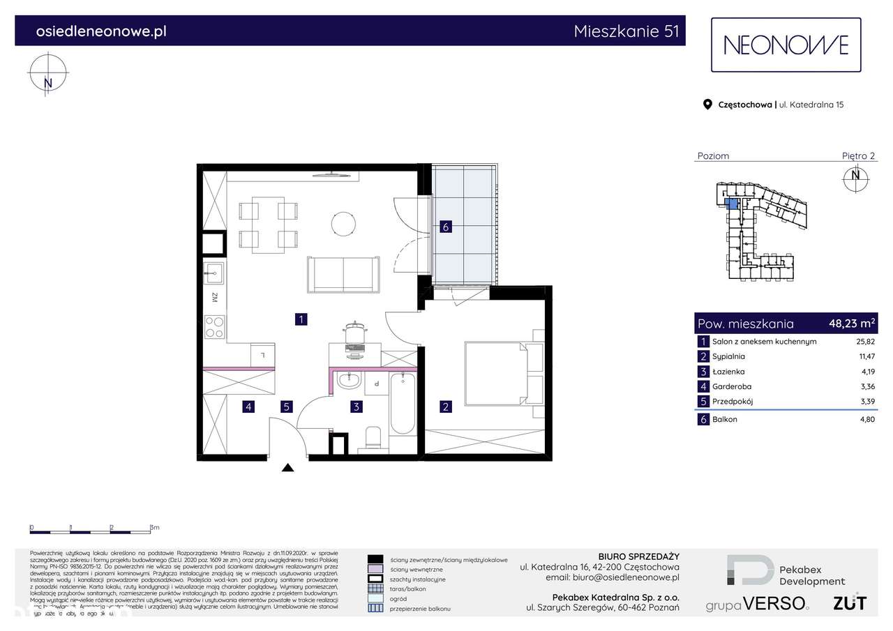 2-pokojowe mieszkanie 48m2 + balkon - Pełny obrazek: 2/7