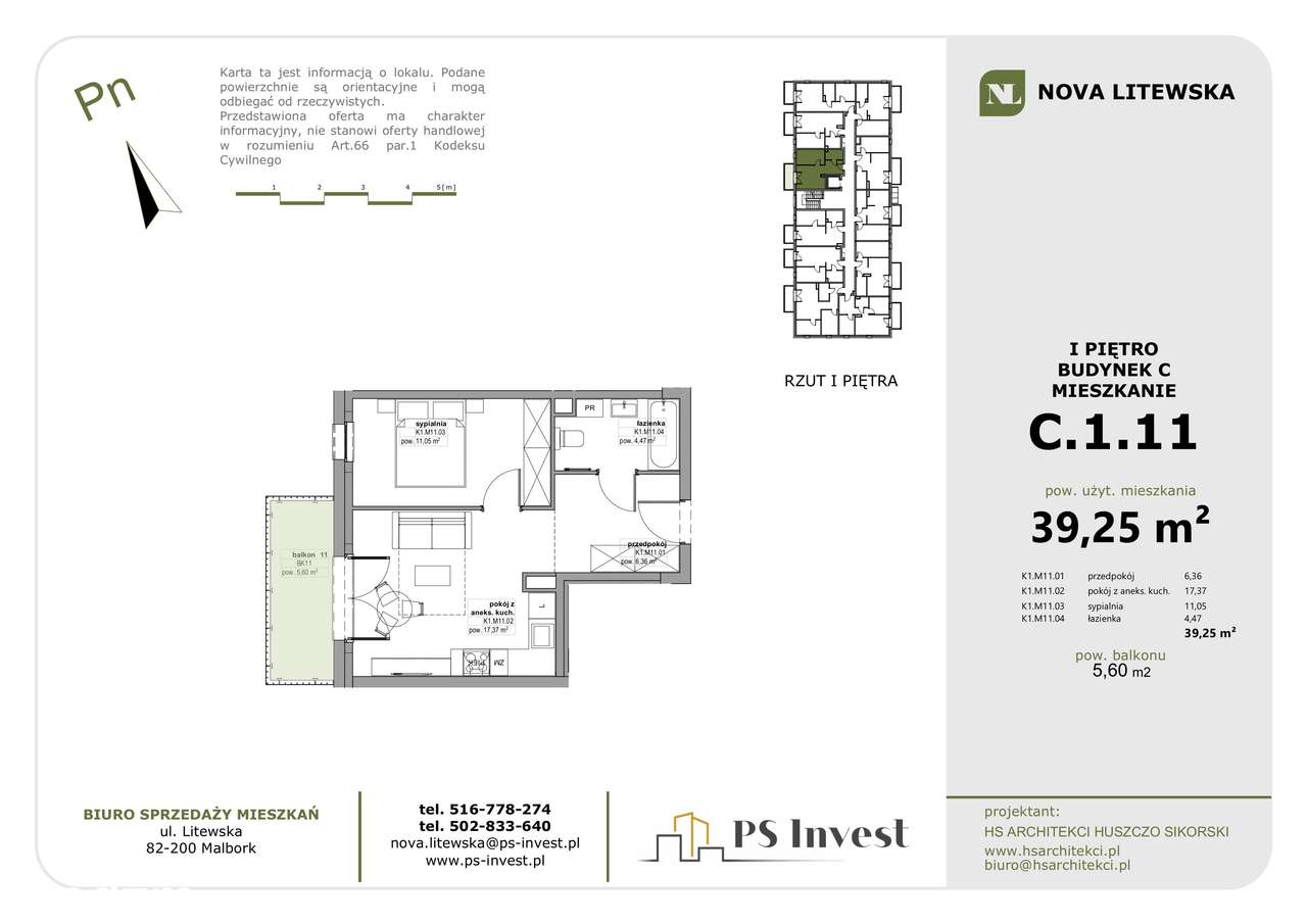 Ustawne 2 pokoje 39 m² + duży balkon (lokal C11)