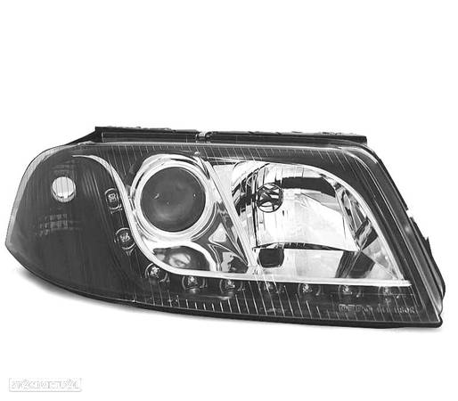 FARÓIS COM LUZ DIURNA LED PARA VOLKSWAGEN VW PASSAT 3GB B5 00-05 FUNDO PRETO CROMO - 2