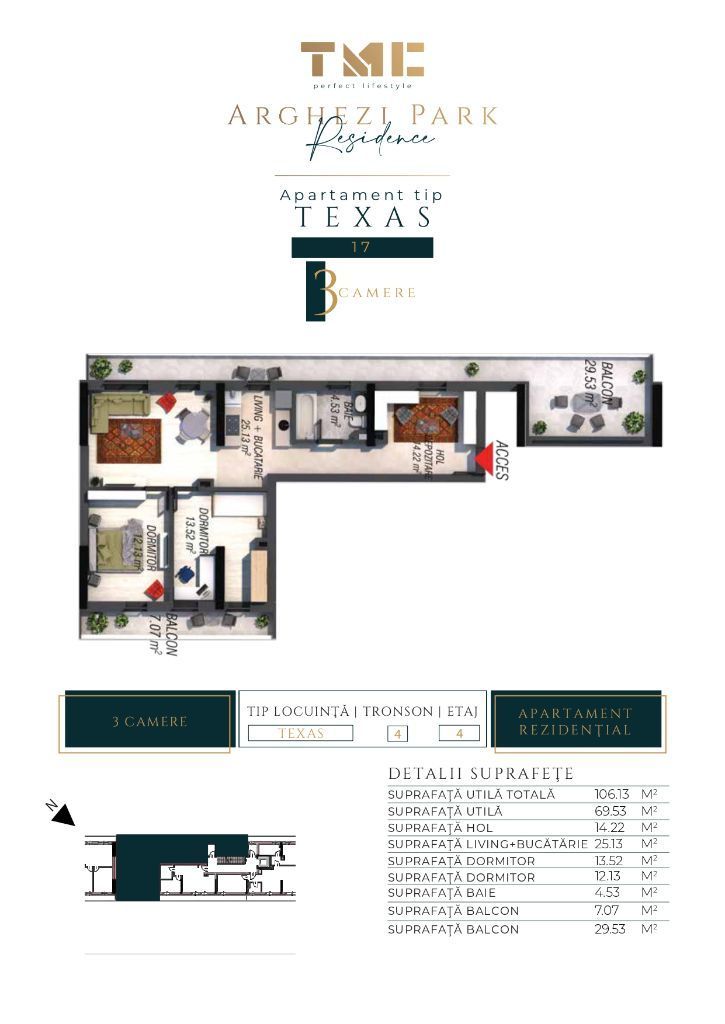 Apartament de 3 camere tip TEXAS 1 la etajul 4 , zona Metalurgiei