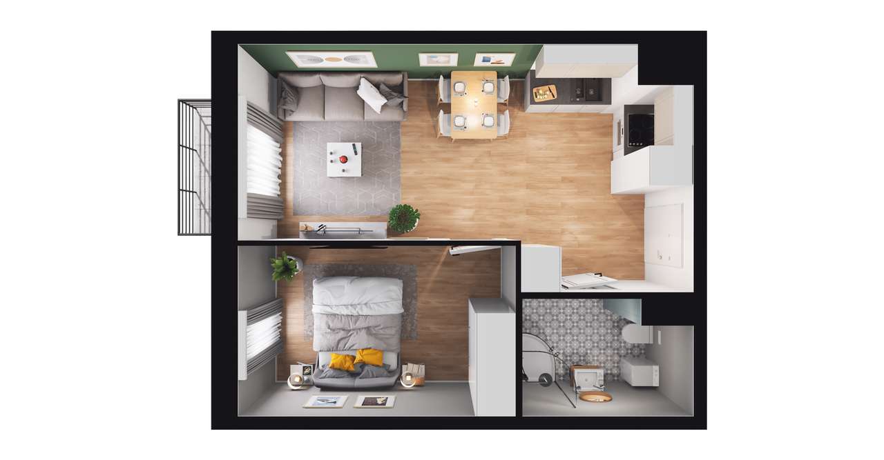 2-pokojowe mieszkanie 36m2 + balkon - Pełny obrazek: 2/6