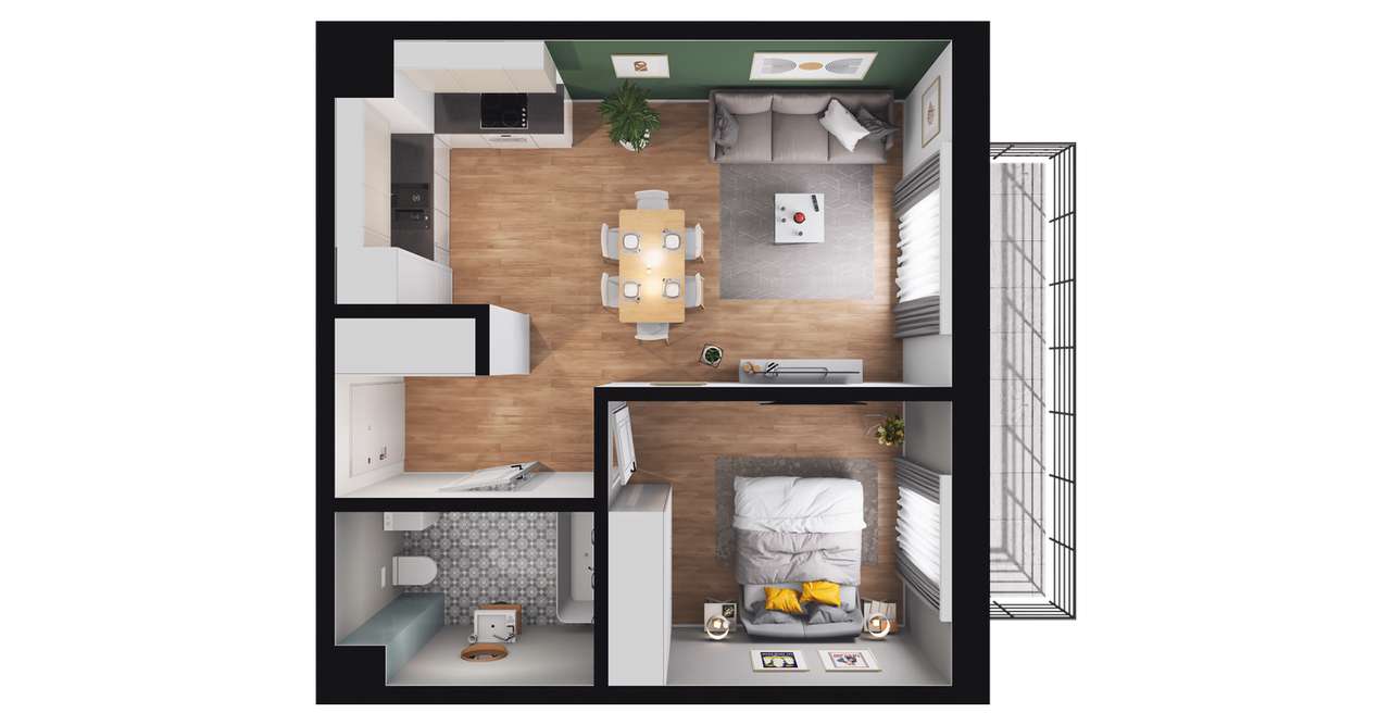 2-pokojowe mieszkanie 41m2 + balkon - Pełny obrazek: 2/8