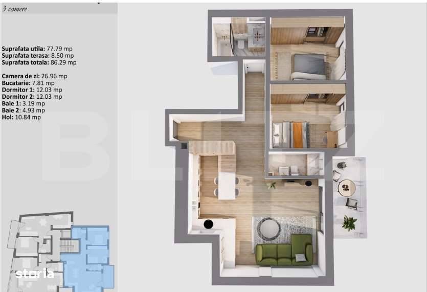 Apartament cu 3 camere,  77,79 mp, cu logie si finisaje premium, ultra - Imagine principală: 1/2