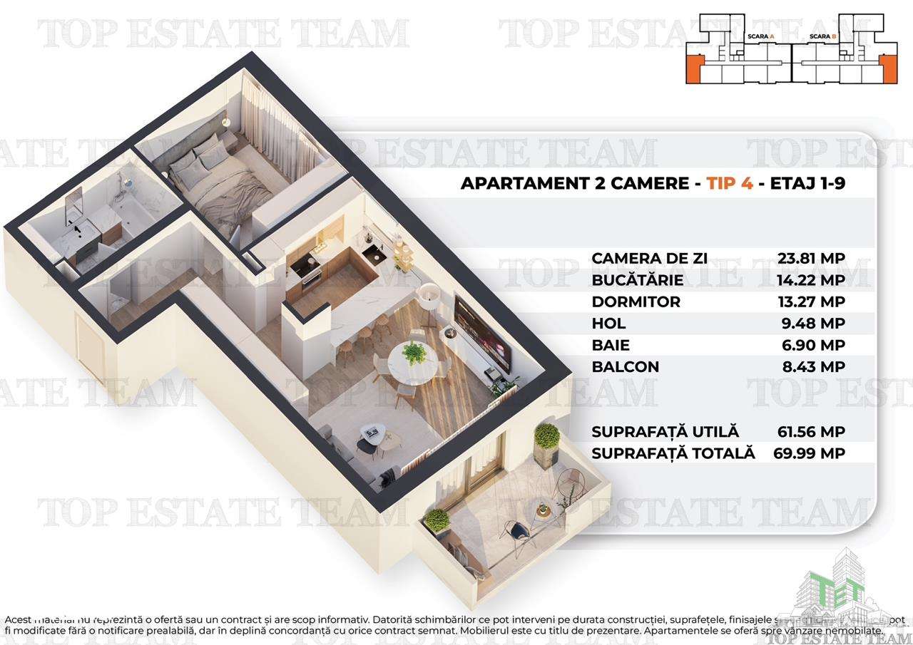 Apartament 2 camere intr-un bloc nou, modern, 62mp utili + balcon,  la - Imagine principală: 2/14