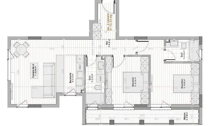 Apartamentde 3 camere, 72,33 mp utili, bloc nou, Calea Moldovei