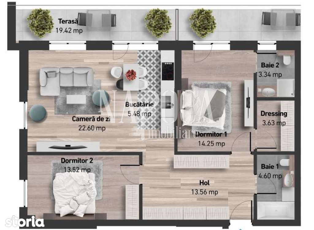 Apartament 3 camere + 2 terase de 18mp, bloc nou + parcare subterana!